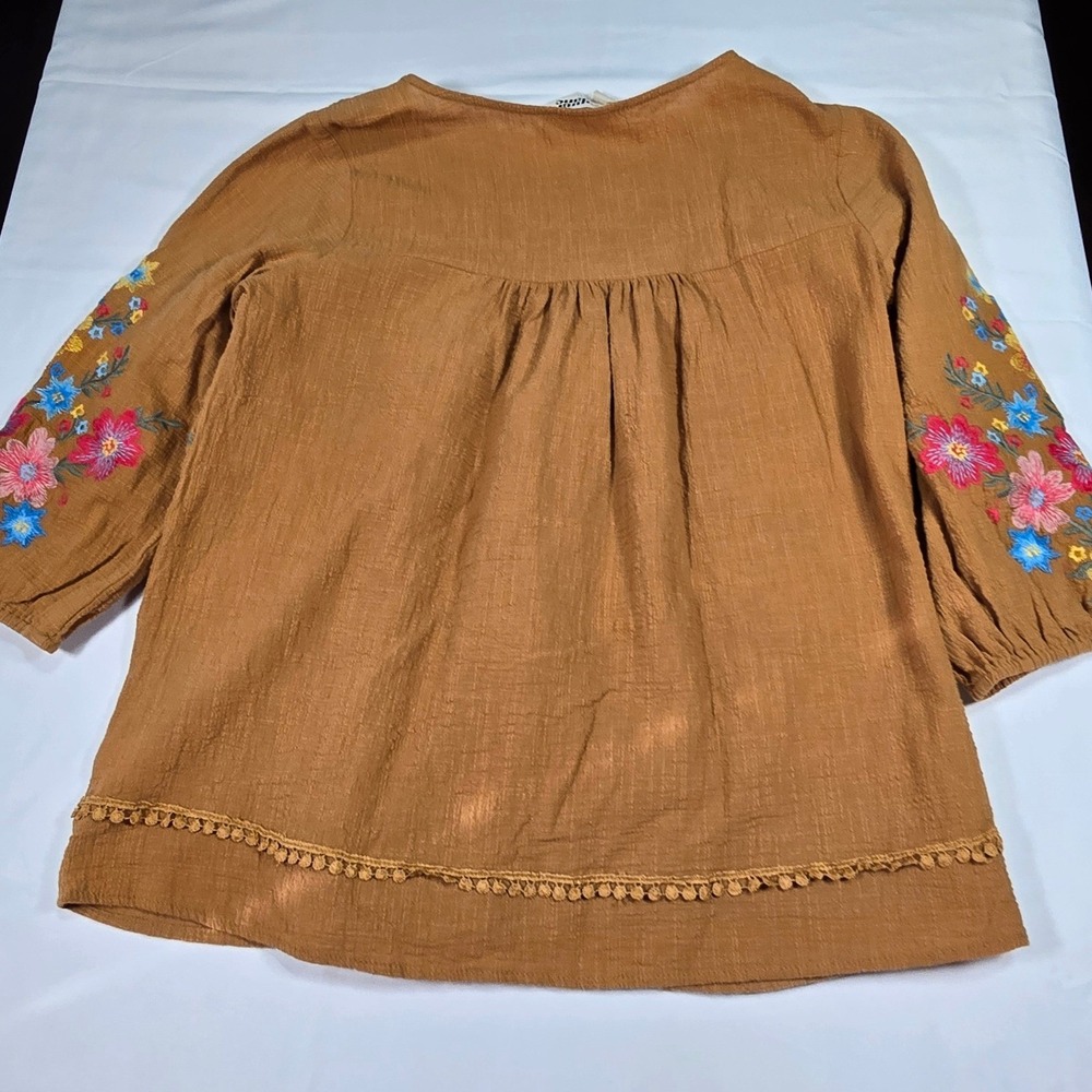 Savanna Jane Women Small Rust Brown Floral Embroidered Boho Gauze Blouse - Picture 7 of 7